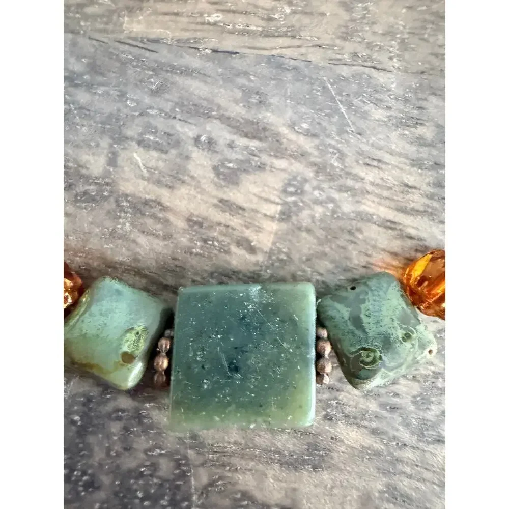 Green Stone & Amber Tone Bead Open Wrap Bracelet – Boho Statement Jewelry